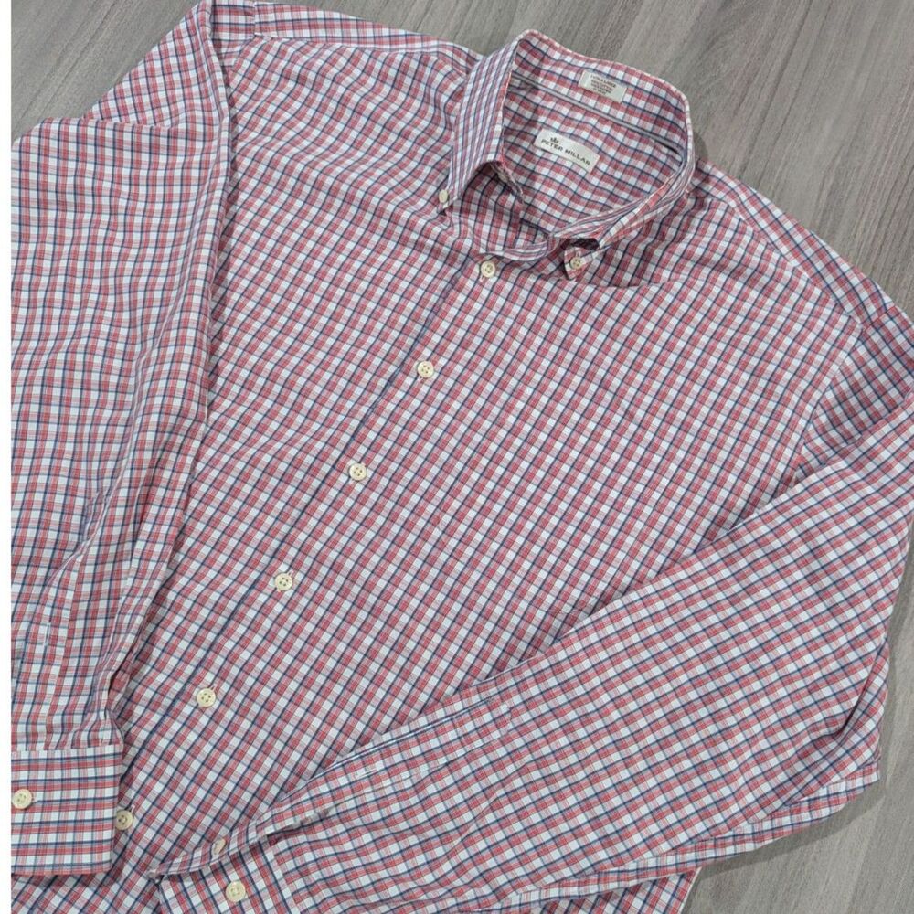 Peter Millar Mens Plaid Long Sleeve Button Down Shirt Red Navy Size XL